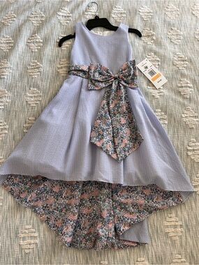 Rare Editions Blue and Floral Seersucker High-Low Dress with Bow